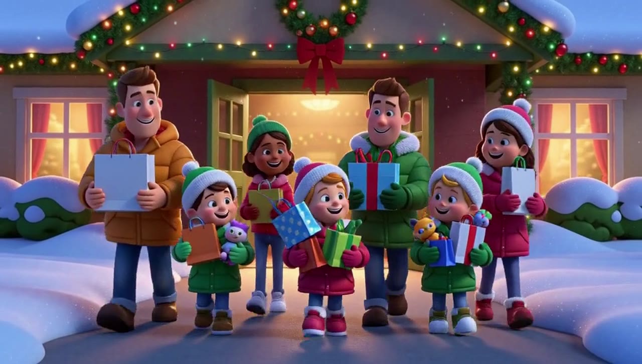 Illustration of families heading home in the snow, each child carrying new gifts